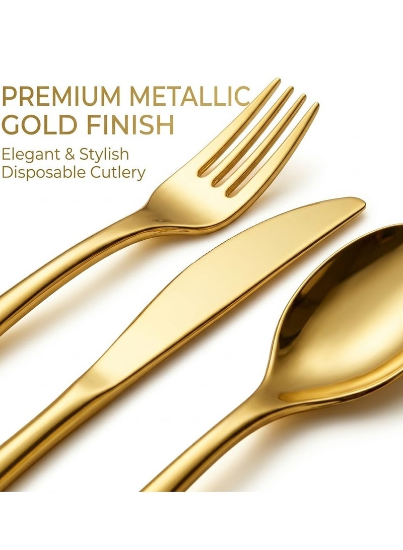Lukadah Set of 24 – Plastic Disposable Cutlery Set 3 pieces with 1 Napkin, Premium Gold includes 1 Fork, 1 Spoon, 1 Knife with Napkins, Heavy Duty Metallic Gold Party Tableware Utensils for Wedding, Birthday, Catering, Picnic & Events - Image 2
