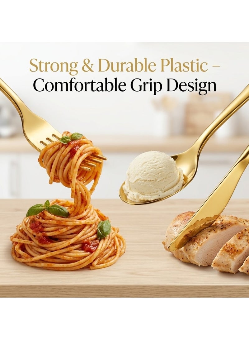 Lukadah Set of 24 – Plastic Disposable Cutlery Set 3 pieces with 1 Napkin, Premium Gold includes 1 Fork, 1 Spoon, 1 Knife with Napkins, Heavy Duty Metallic Gold Party Tableware Utensils for Wedding, Birthday, Catering, Picnic & Events - Image 4