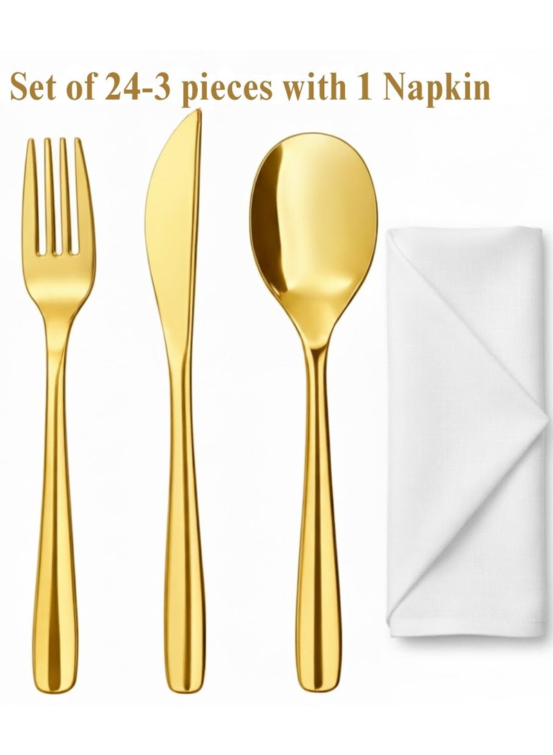 Lukadah Set of 24 – Plastic Disposable Cutlery Set 3 pieces with 1 Napkin, Premium Gold includes 1 Fork, 1 Spoon, 1 Knife with Napkins, Heavy Duty Metallic Gold Party Tableware Utensils for Wedding, Birthday, Catering, Picnic & Events - Image 1