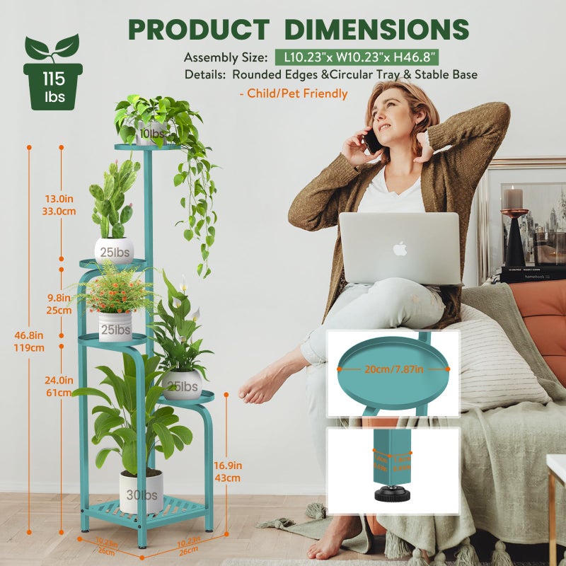 TOSKING 5 Tier Tall Plant Stand Indoor Outdoor, Heavy Duty Corner Shelf for Plants & Decor, Space Saving 3.9FT Metal Flower Pot Stand for Balcony, Garden, Living Room, Patio (Blue, 47in) - Image 3