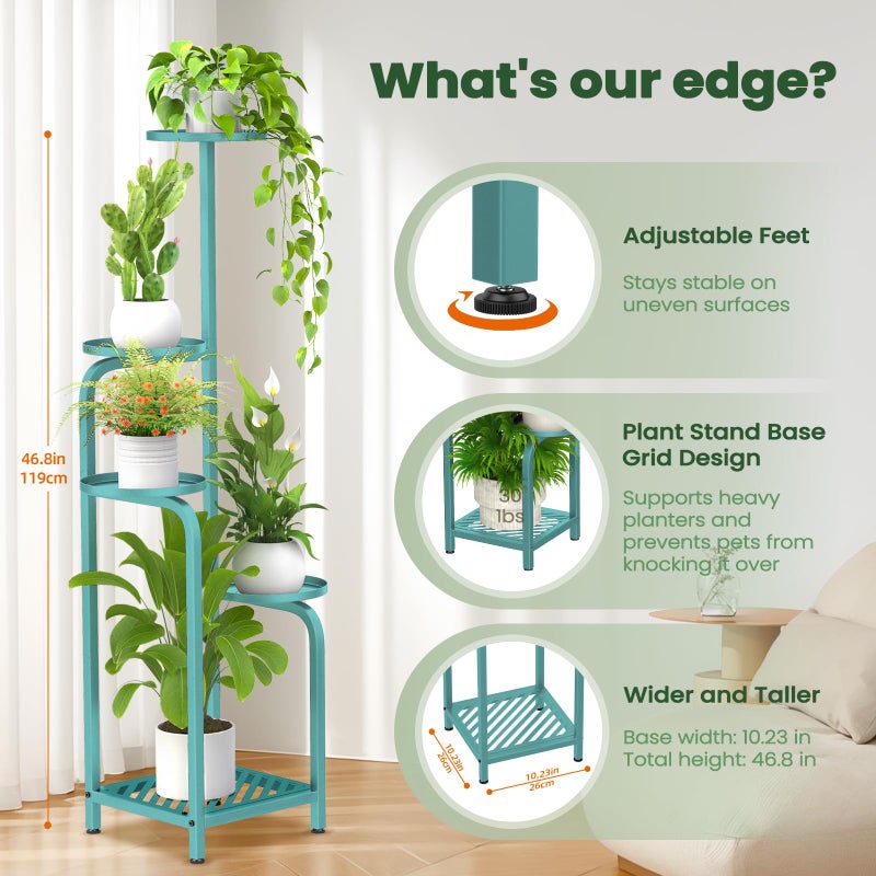 TOSKING 5 Tier Tall Plant Stand Indoor Outdoor, Heavy Duty Corner Shelf for Plants & Decor, Space Saving 3.9FT Metal Flower Pot Stand for Balcony, Garden, Living Room, Patio (Blue, 47in) - Image 4