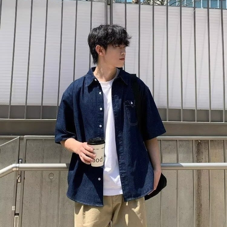 Retro Pure Color Lapel Button Short-Sleeved Denim Shirt For Men And Women Unisex Bf Washed Distressed Three-Quarter Sleeve Loose Shirt