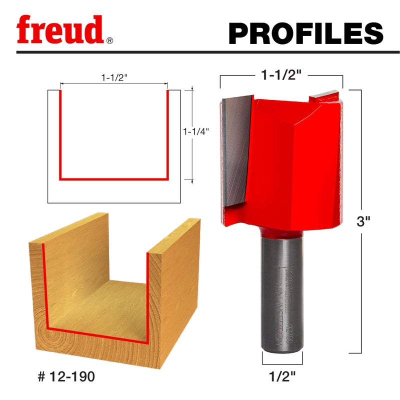 Freud Double Flute Straight Bit (Eclipse Grind) with TiCo Hi-Density Carbide - 2 Cutters, 16000 RPM, 1-1/4" Height, 1-1/2" Diameter, 3" Length, 1/2" Shank - 12-190 - Image 2