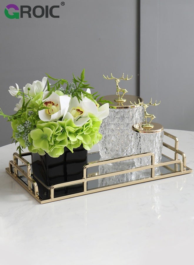 GROIC صينية مرآة، 35×25×6 سم، صينية زخرفية معدنية لتنظيم المجوهرات والعطور والمكياج لسطح الزينة، خزانة الملابس، الحمام، غرفة النوم، صينية خزانة ذهبية مزخرفة، صينية شاي لغرفة المعيشة - Image 3