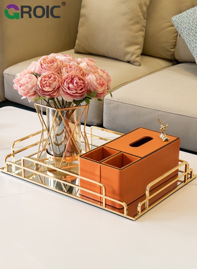 GROIC صينية مرآة، 35×25×6 سم، صينية زخرفية معدنية لتنظيم المجوهرات والعطور والمكياج لسطح الزينة، خزانة الملابس، الحمام، غرفة النوم، صينية خزانة ذهبية مزخرفة، صينية شاي لغرفة المعيشة - Image 2