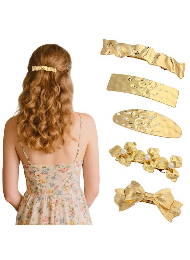 Snmzlc 5 Pcs Hair Barrettes for Women,Barrettes for Fine Thin Thick Hair,Metal Relief pattern Vintage French Barrette Clips Hair Accessories for Women & Girls(Gold) US328 (Gold Relief pattern) - Image 1