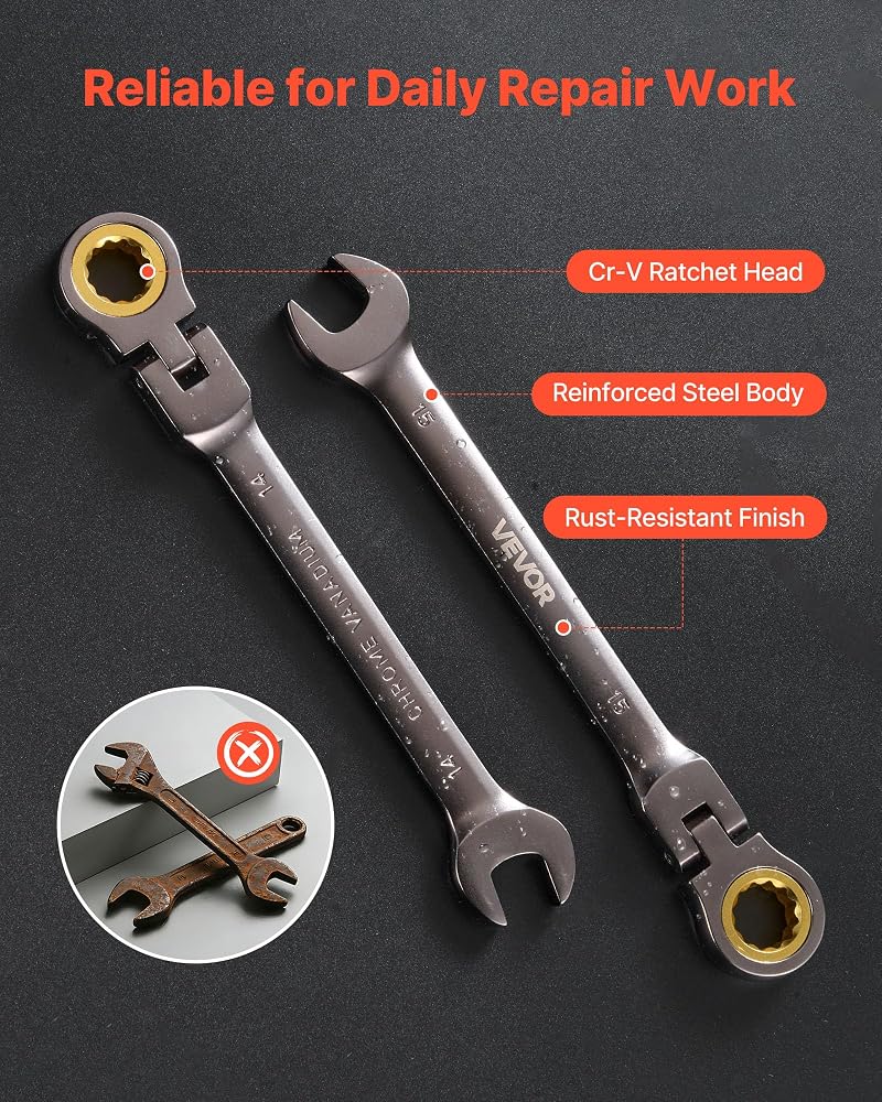 VEVOR 24-piece Ratcheting Wrench Set with 180° Flex Head, Anti-Slip Tooth, Combination Wrench Sets with Organizer Box, Metric 8-19mm & SAE 1/4-7/8", Nickel Plating - Image 5