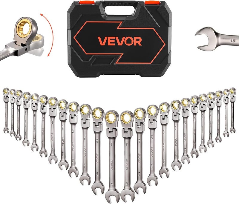 VEVOR 24-piece Ratcheting Wrench Set with 180° Flex Head, Anti-Slip Tooth, Combination Wrench Sets with Organizer Box, Metric 8-19mm & SAE 1/4-7/8", Nickel Plating - Image 1
