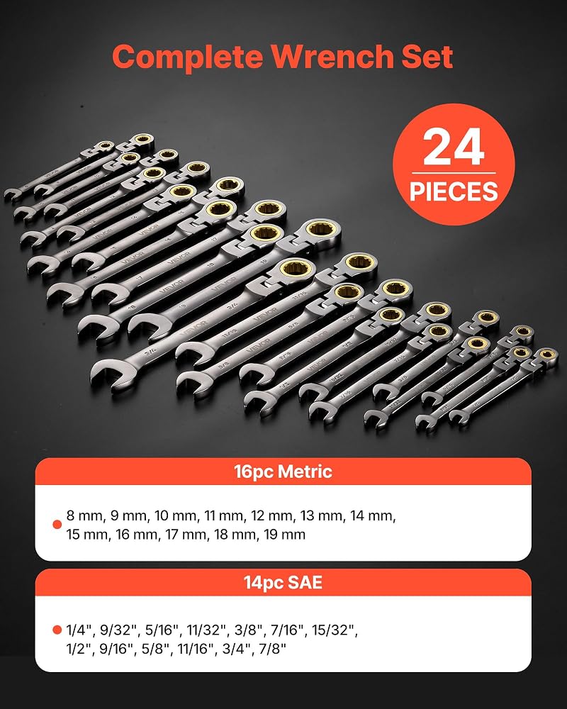 VEVOR 24-piece Ratcheting Wrench Set with 180° Flex Head, Anti-Slip Tooth, Combination Wrench Sets with Organizer Box, Metric 8-19mm & SAE 1/4-7/8", Nickel Plating - Image 2