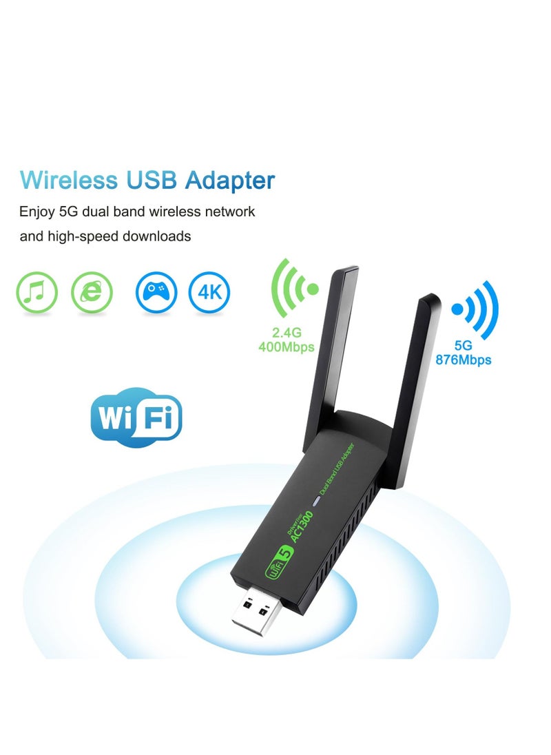 Generic - USB WiFi Adapter, AC1300Mbps Dual Band 5dBi High Gain Antenna 2.4GHz/ 5GHz Wireless Network Adapter for PC Desktop, Supports Windows 7/8/10/11, Wireless Adapter for Desktop Computer Network Adapters - Image 1