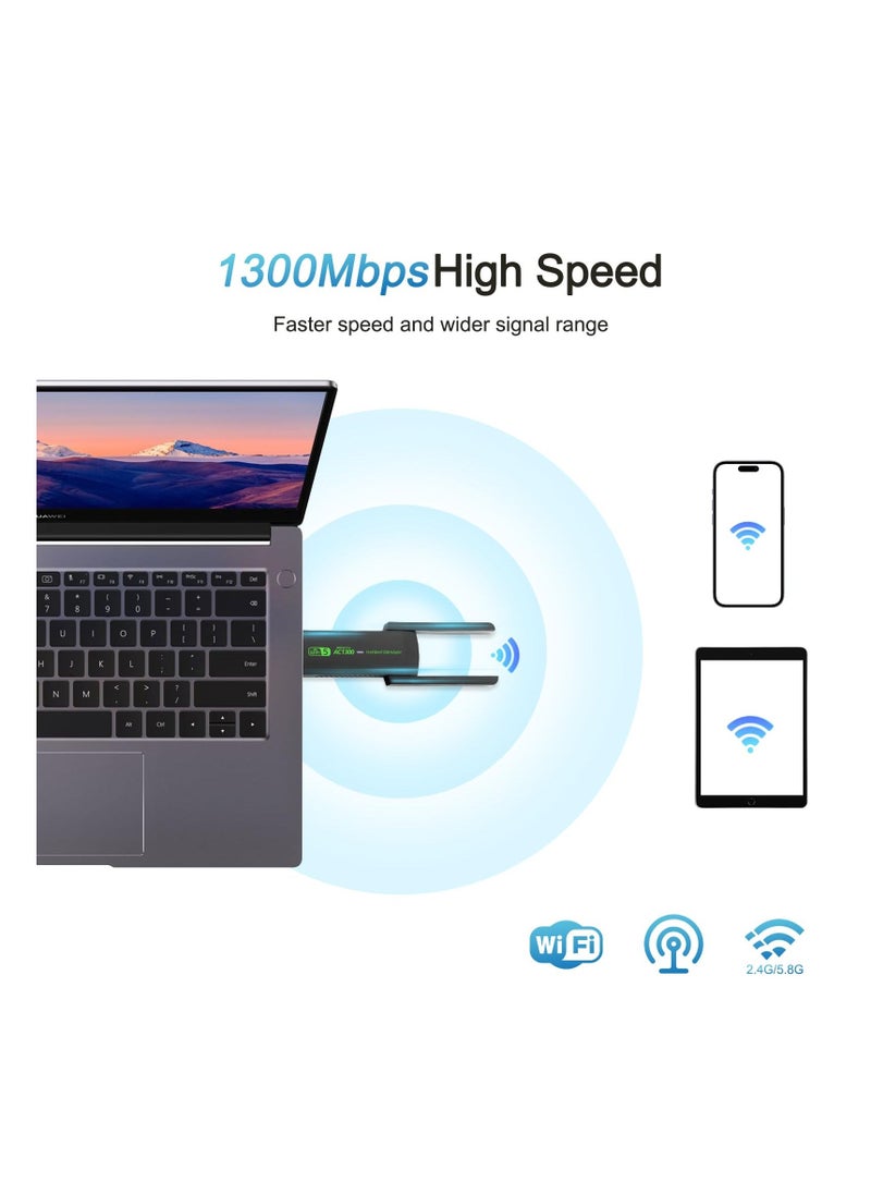 Generic - USB WiFi Adapter, AC1300Mbps Dual Band 5dBi High Gain Antenna 2.4GHz/ 5GHz Wireless Network Adapter for PC Desktop, Supports Windows 7/8/10/11, Wireless Adapter for Desktop Computer Network Adapters - Image 1