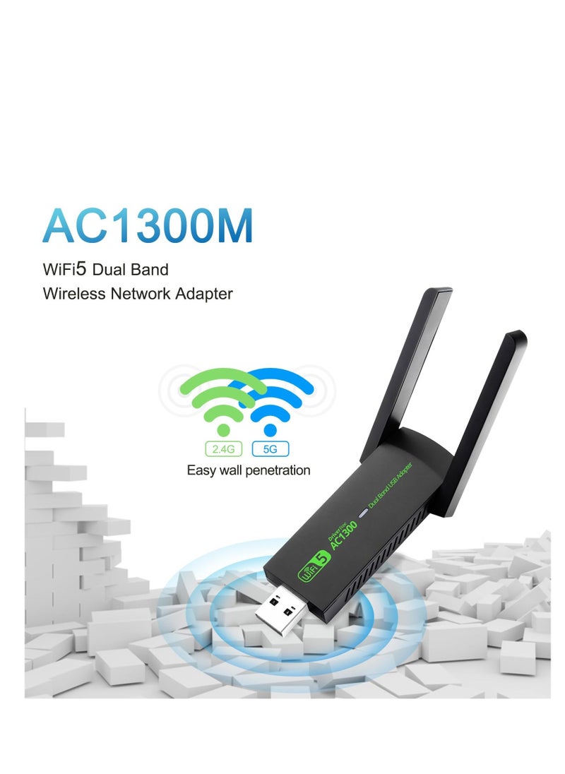 Generic - USB WiFi Adapter, AC1300Mbps Dual Band 5dBi High Gain Antenna 2.4GHz/ 5GHz Wireless Network Adapter for PC Desktop, Supports Windows 7/8/10/11, Wireless Adapter for Desktop Computer Network Adapters - Image 1