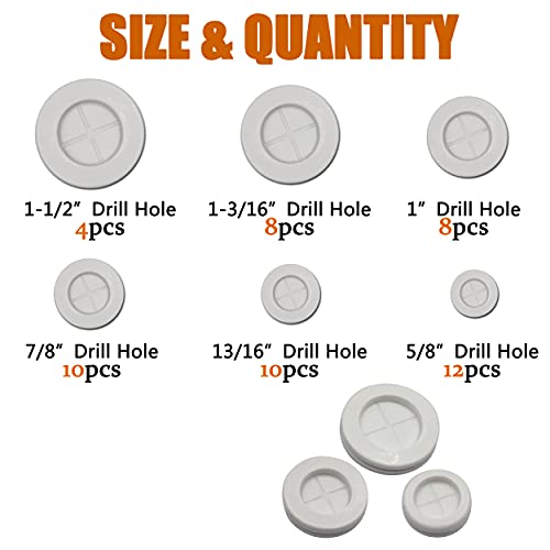 ISPINNER 52pcs 6 Sizes Rubber Grommet, Double Sided Round Rubber Hole Plug, Drill Hole 5/8" 13/16" 7/8" 1" 1-3/16" 1-1/2" (White) - Image 2