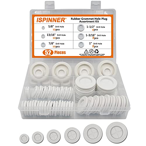 ISPINNER 52pcs 6 Sizes Rubber Grommet, Double Sided Round Rubber Hole Plug, Drill Hole 5/8" 13/16" 7/8" 1" 1-3/16" 1-1/2" (White) - Image 1