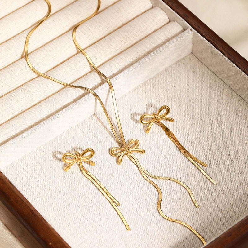 YANCHUN Gold Bow Necklace Earrings Set Dangle Drop Tassel Dainty Elegant Statement Earrings Necklace Dress for Women Accessories Jewelry Gifts - Image 4