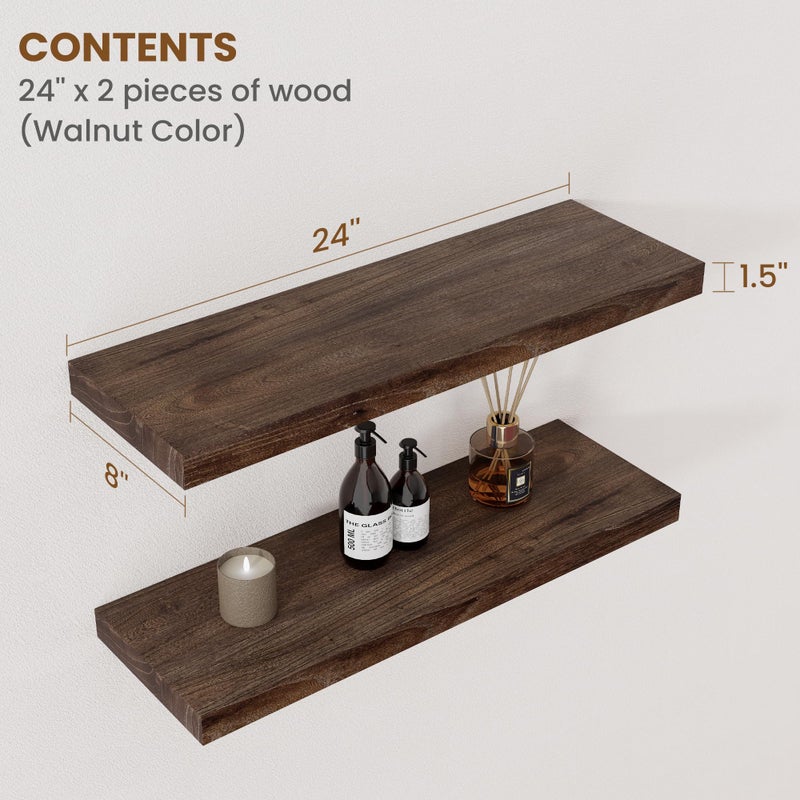 FLYJOE Floating Shelves for Wall Decor, 8 Inch Deep Rustic Solid Elm Wood Floating Shelves Wall Mounted, Wall Shelves with Invisible Bracket for Living Room Bathroom Bedroom Kitchen, 24 Inch Set of 2, Walnut - Image 2