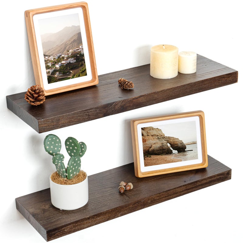 FLYJOE Floating Shelves for Wall Decor, 8 Inch Deep Rustic Solid Elm Wood Floating Shelves Wall Mounted, Wall Shelves with Invisible Bracket for Living Room Bathroom Bedroom Kitchen, 24 Inch Set of 2, Walnut - Image 1