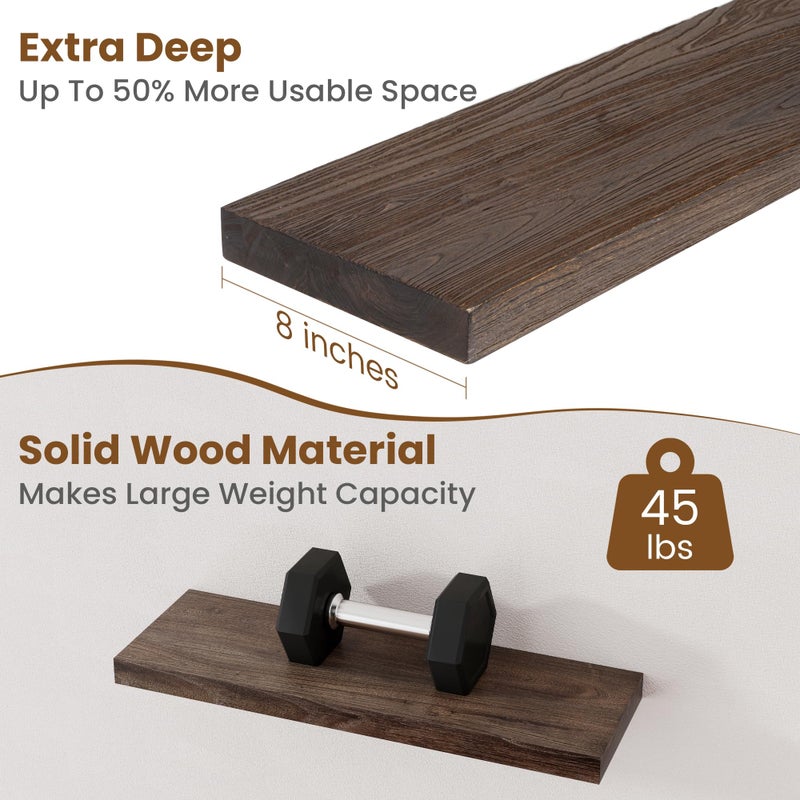 FLYJOE Floating Shelves for Wall Decor, 8 Inch Deep Rustic Solid Elm Wood Floating Shelves Wall Mounted, Wall Shelves with Invisible Bracket for Living Room Bathroom Bedroom Kitchen, 24 Inch Set of 2, Walnut - Image 5
