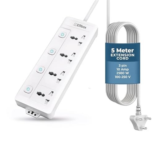 Embox 5 Meter Extension Board with USB| Extension Board with Switches 4 Universal Sockets 6A Spike Guard | LED Indicator 2500W Extension Cord - Image 1