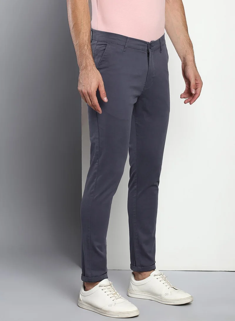 Dennis Lingo Men's Tapered Fit Steel Grey Cotton Chinos - Mid-Rise, Full Length, Button & Zip Closure,