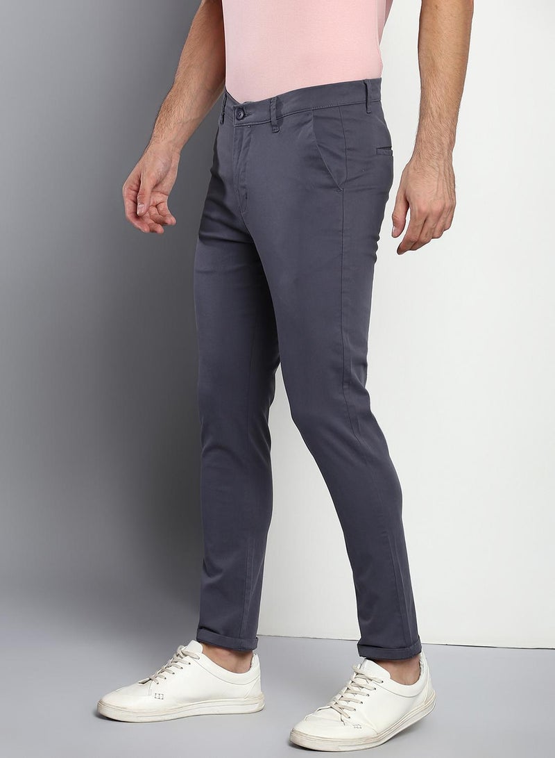 Dennis Lingo Men's Tapered Fit Steel Grey Cotton Chinos - Mid-Rise, Full Length, Button & Zip Closure,  - Image 2