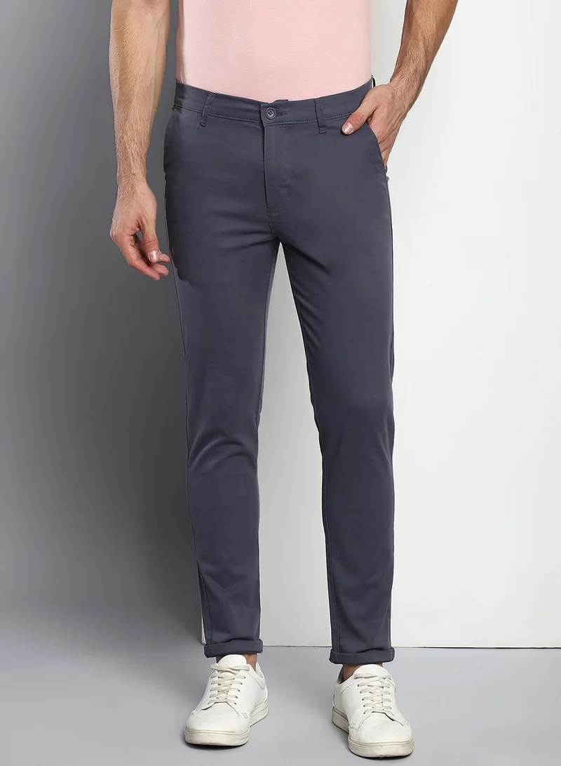 Dennis Lingo Men's Tapered Fit Steel Grey Cotton Chinos - Mid-Rise, Full Length, Button & Zip Closure,