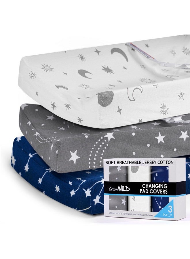 GrowWILD غطاء وسادة تغيير GROW WILD 3 عبوات | قطن جيرسي ناعم ومرن | غطاء وسادة طاولة تغيير الأطفال | أغطية وسادة تغيير الحفاضات للبنات والأولاد (نجوم، قمر و كوكبات) - Image 1