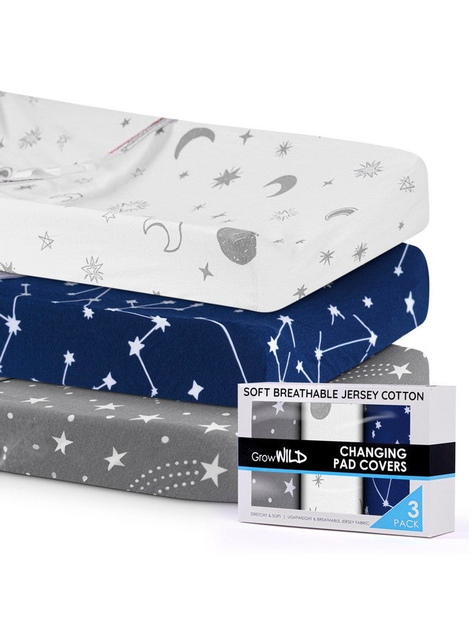 GrowWILD غطاء وسادة تغيير GROW WILD 3 عبوات | قطن جيرسي ناعم ومرن | غطاء وسادة طاولة تغيير الأطفال | أغطية وسادة تغيير الحفاضات للبنات والأولاد (نجوم، قمر و كوكبات) - Image 3
