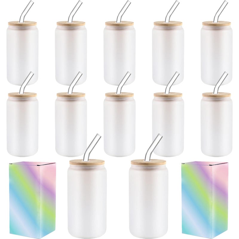 ABBSH Sublimation Glass Cups With Bamboo Lids And Straws 16OZï¼ŒSublimation Beer Can Glass, Sublimation Frosted Glass Tumbler Blanks 12Pack - Image 1