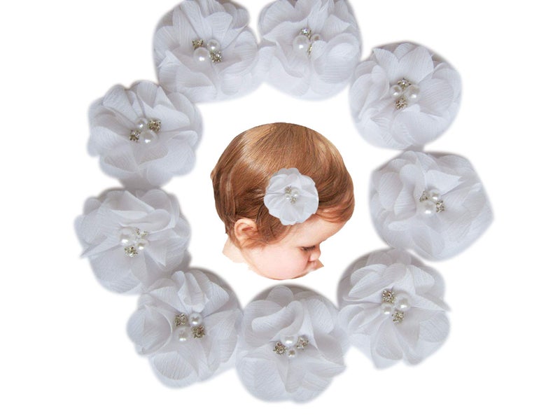 Baby Girls Chiffon Flower Hair Clips with Rhinestones and PearlYYCRAFT 10 pcs Party Wedding 2 Hair Accessory for Kids Toddler Infant GirlsSnow White