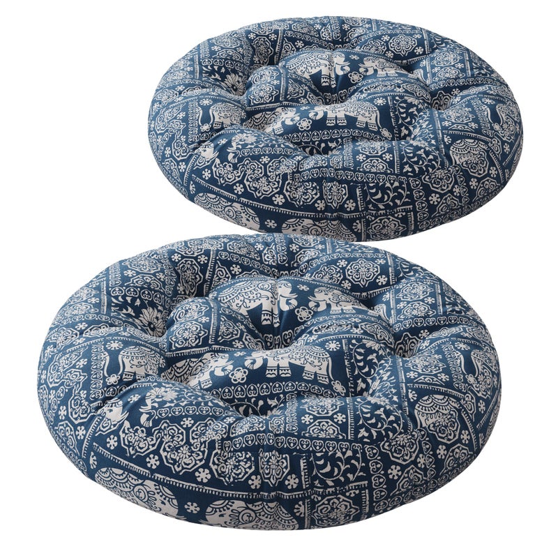 CODi Codi Meditation Floor Pillow Boho Pillows Seating for Adults and Kids Large Cushion for Yoga Living Room Tatami Sitting Memory Foam Added 22x22 Inch Pack of 2 Round  Indigo Elephant