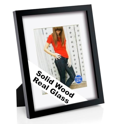 RPJC 11x14 Picture Frame Solid Wood, Fits 8x10 with Mat or 11x14 Without Mat, Real Glass Photo Frame with Stand for Wall or Tabletop Display, Gift-Ready in White Box, Black - Image 1