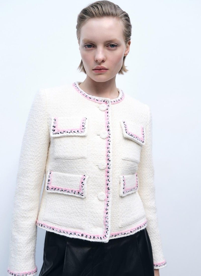 MANGO Contrasting Trims Tweed Jacket  - Image 1