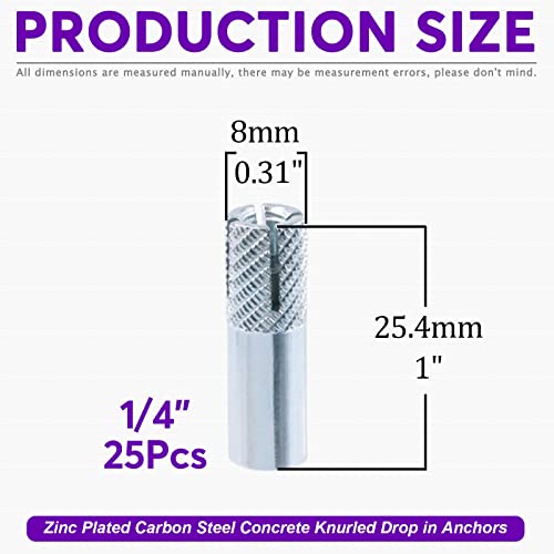 Swpeet 25Pcs 14 Inch Premium Zinc Plated Carbon Steel Concrete Knurled Drop in Anchors Assortment Kit Expansion Screws Internal Forced Expansion Bolts for Solid Concrete - Image 3