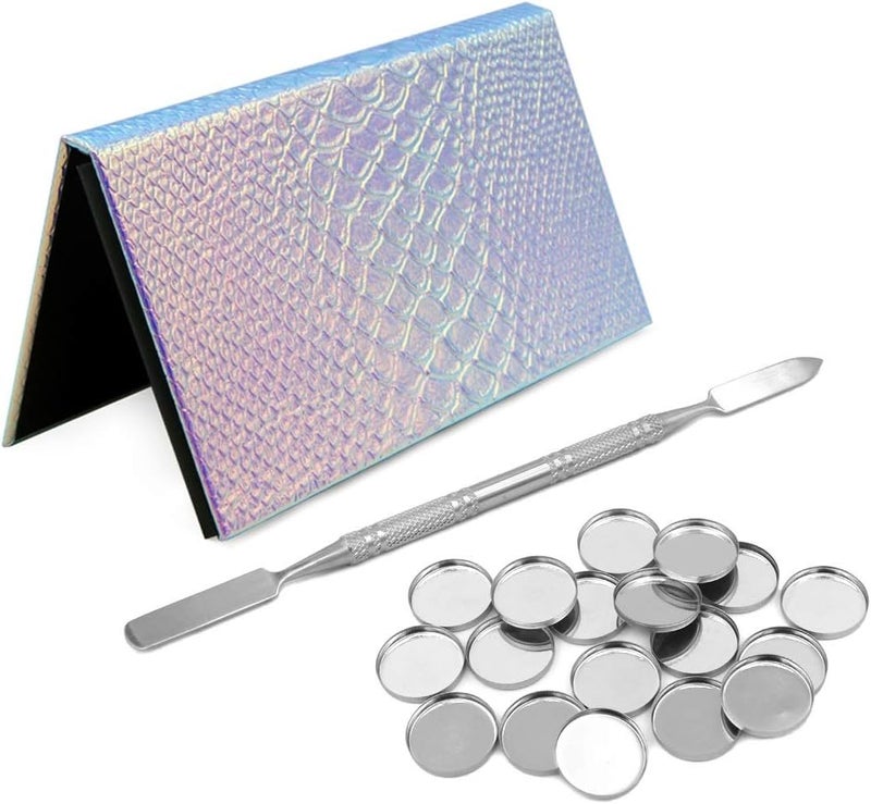Empty Makeup Eyeshadow Palette Set Rainbow Mermaid Makeup Palette 18 Pcs Round Metal Tin Palette Pans and 1 Depotting Spatula for DIY Eye Shadow and Blush