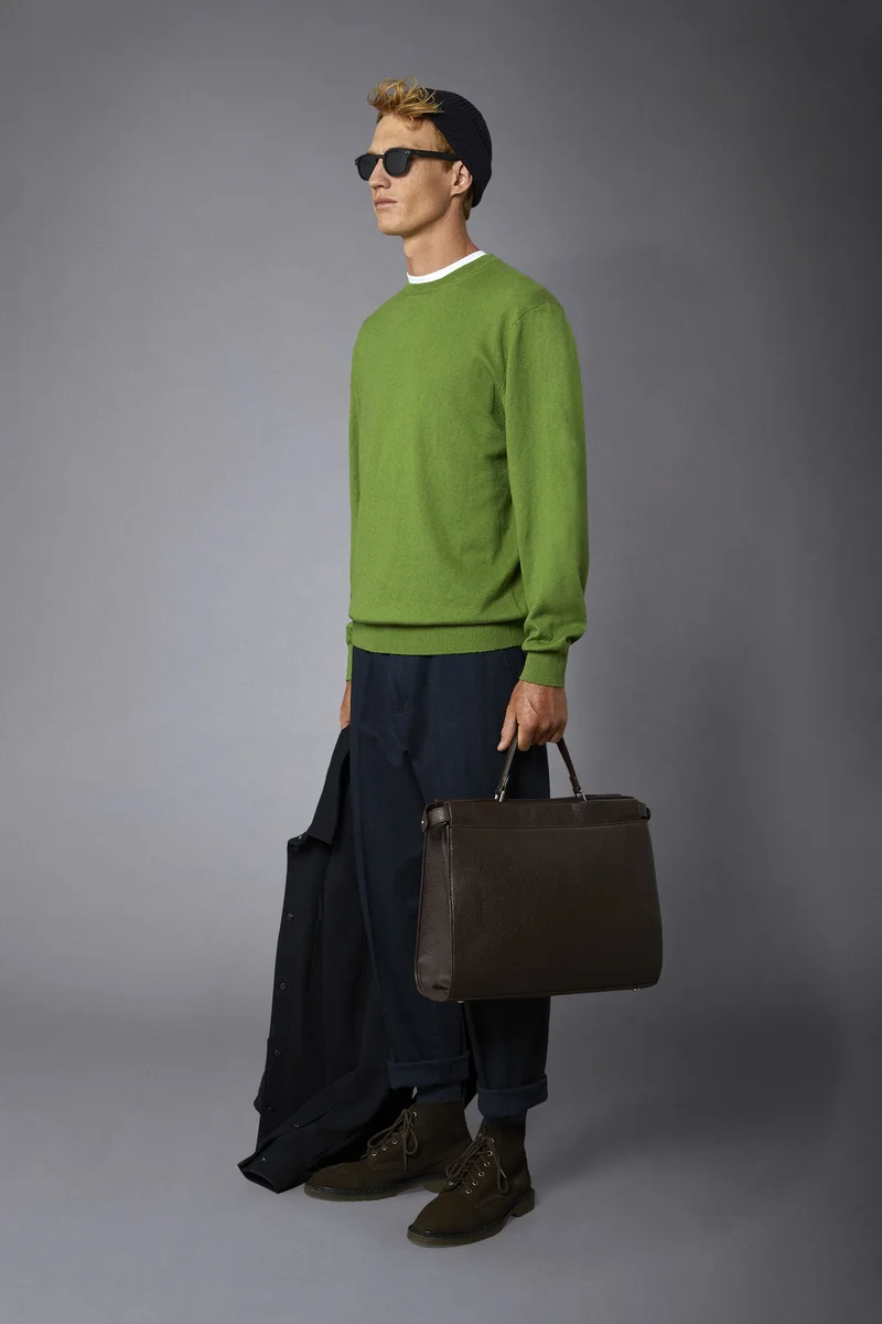 دوبل غانغر Men's roundneck wool and cotton sweater - LT Green