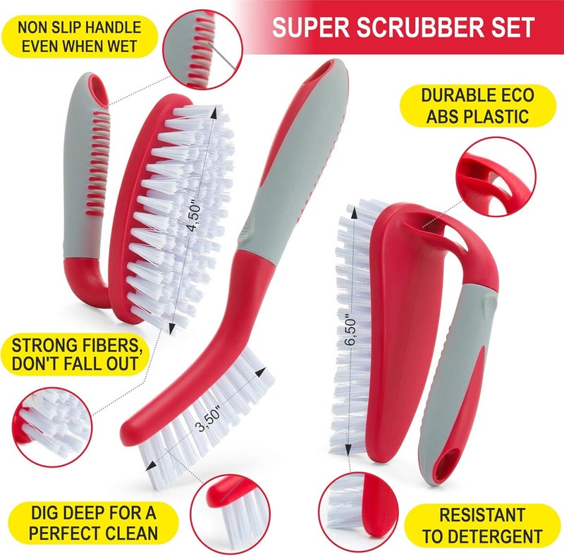 Trazon Scrub Brush Set of 3pcs - Cleaning Shower Scrubber with Ergonomic Handle and Durable Bristles - Grout Cleaner Brush - Scrub Brushes for Cleaning Bathroom/Shower/Tile/Kitchen/Floor/Bathtub/Carpet (RED) - Image 2
