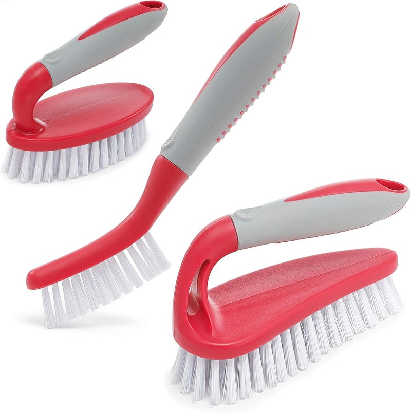 Trazon Scrub Brush Set of 3pcs - Cleaning Shower Scrubber with Ergonomic Handle and Durable Bristles - Grout Cleaner Brush - Scrub Brushes for Cleaning Bathroom/Shower/Tile/Kitchen/Floor/Bathtub/Carpet (RED) - Image 1