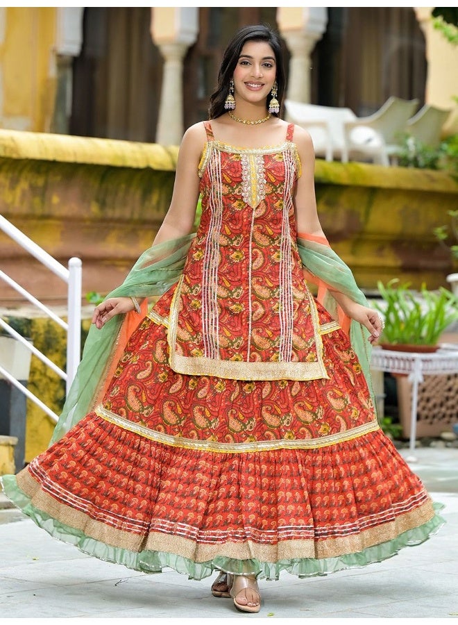 AKS Couture Printed Sequinned Pure Cotton Straight Kurti with Sharara & Dupatta - Image 1