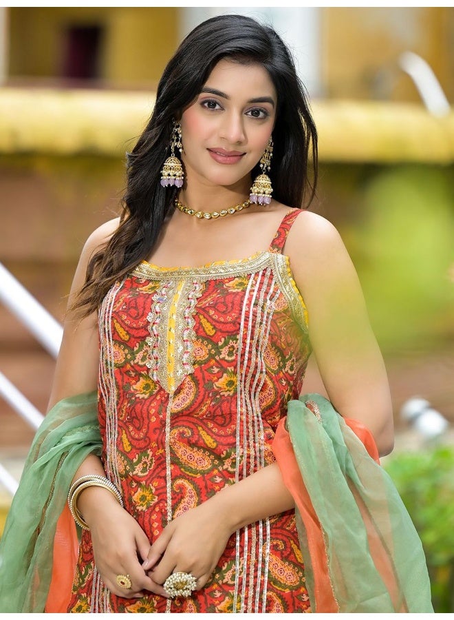 AKS Couture Printed Sequinned Pure Cotton Straight Kurti with Sharara & Dupatta - Image 2