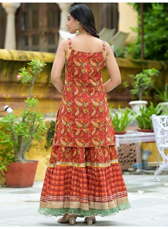 AKS Couture Printed Sequinned Pure Cotton Straight Kurti with Sharara & Dupatta - Image 5