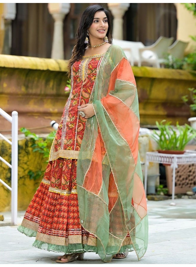 AKS Couture Printed Sequinned Pure Cotton Straight Kurti with Sharara & Dupatta - Image 3