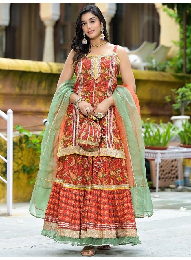 AKS Couture Printed Sequinned Pure Cotton Straight Kurti with Sharara & Dupatta - Image 4