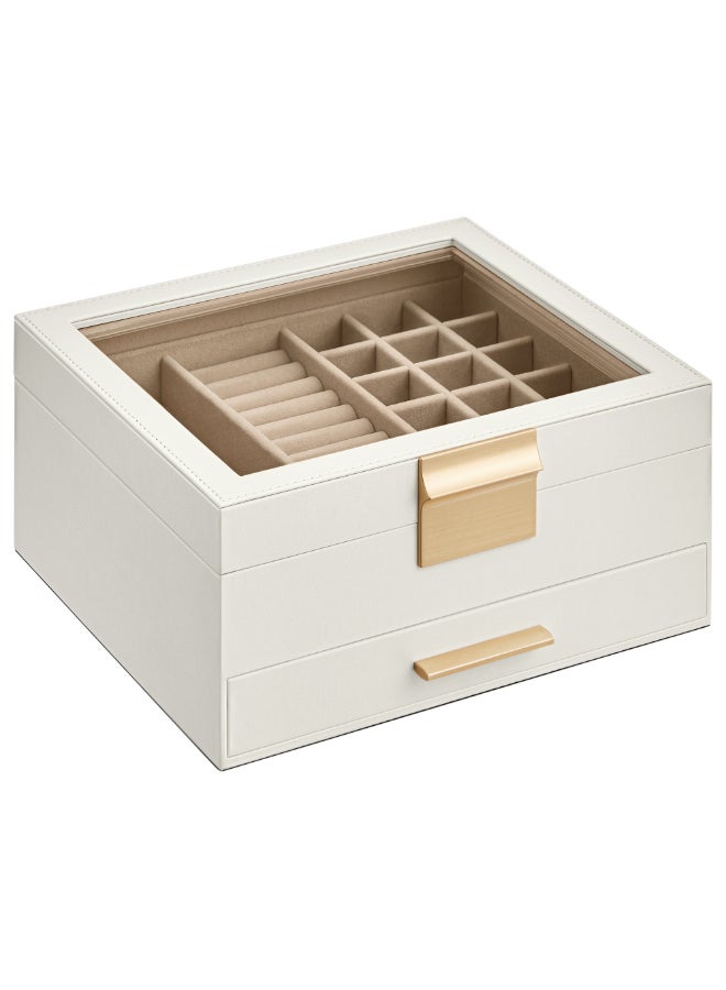 SONGMICS صندوق مجوهرات SONGMICS مع غطاء زجاجي، تخزين مجوهرات بطبقتين، مع 1 درج، تصميم عصري، 20.3x23.1x10.5 سم، لون أبيض سحابي وذهبي - Image 1