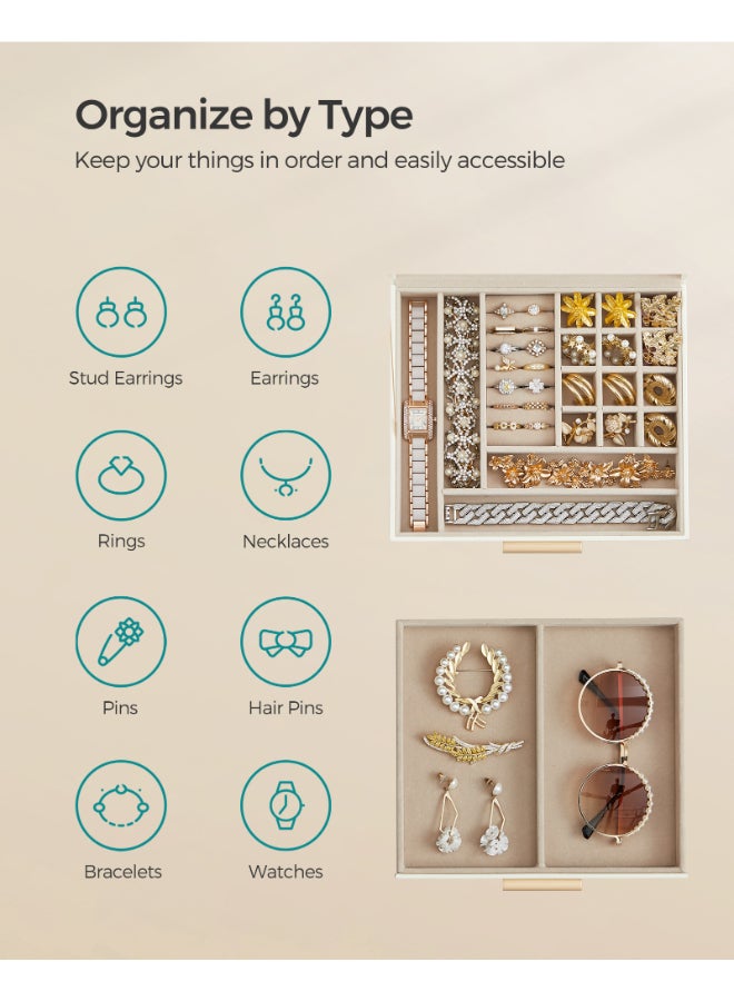 SONGMICS صندوق مجوهرات SONGMICS مع غطاء زجاجي، تخزين مجوهرات بطبقتين، مع 1 درج، تصميم عصري، 20.3x23.1x10.5 سم، لون أبيض سحابي وذهبي - Image 4