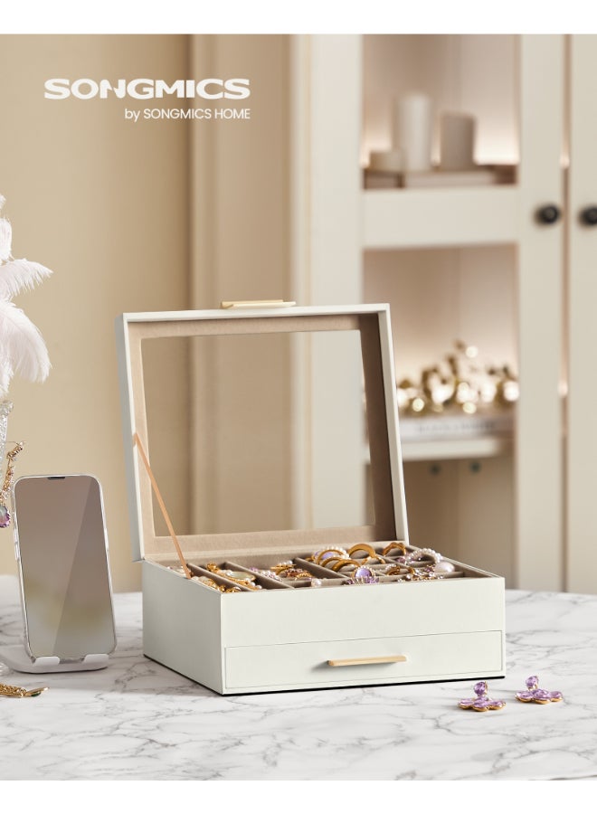 SONGMICS صندوق مجوهرات SONGMICS مع غطاء زجاجي، تخزين مجوهرات بطبقتين، مع 1 درج، تصميم عصري، 20.3x23.1x10.5 سم، لون أبيض سحابي وذهبي - Image 2