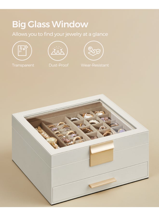 SONGMICS صندوق مجوهرات SONGMICS مع غطاء زجاجي، تخزين مجوهرات بطبقتين، مع 1 درج، تصميم عصري، 20.3x23.1x10.5 سم، لون أبيض سحابي وذهبي - Image 5