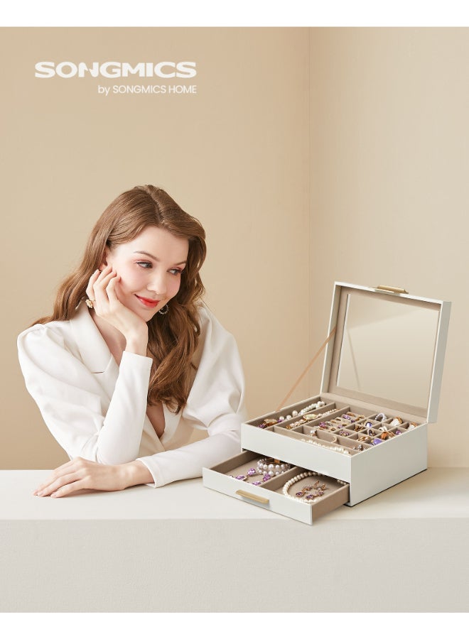 SONGMICS صندوق مجوهرات SONGMICS مع غطاء زجاجي، تخزين مجوهرات بطبقتين، مع 1 درج، تصميم عصري، 20.3x23.1x10.5 سم، لون أبيض سحابي وذهبي - Image 3