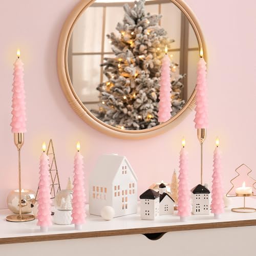 Tujoe 2 Pcs Pink Christmas Tree Flameless Taper Candles with Remote Xmas LED Candlesticks Battery Operated Electric Candlelights 3D Flickering Flame for Holiday Winter Party Table Centerpiece Decor - Image 3