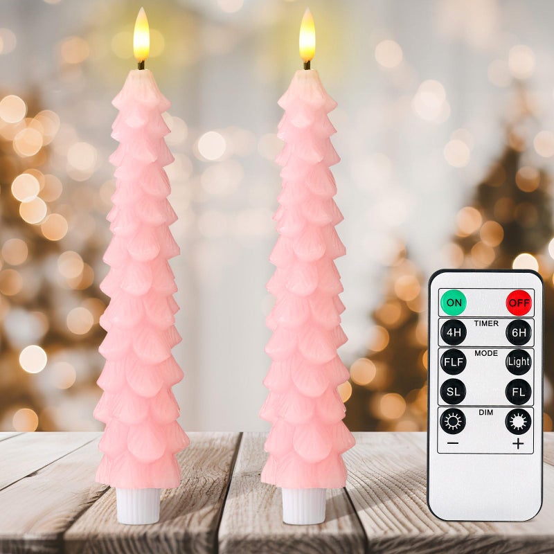 Tujoe 2 Pcs Pink Christmas Tree Flameless Taper Candles with Remote Xmas LED Candlesticks Battery Operated Electric Candlelights 3D Flickering Flame for Holiday Winter Party Table Centerpiece Decor - Image 2